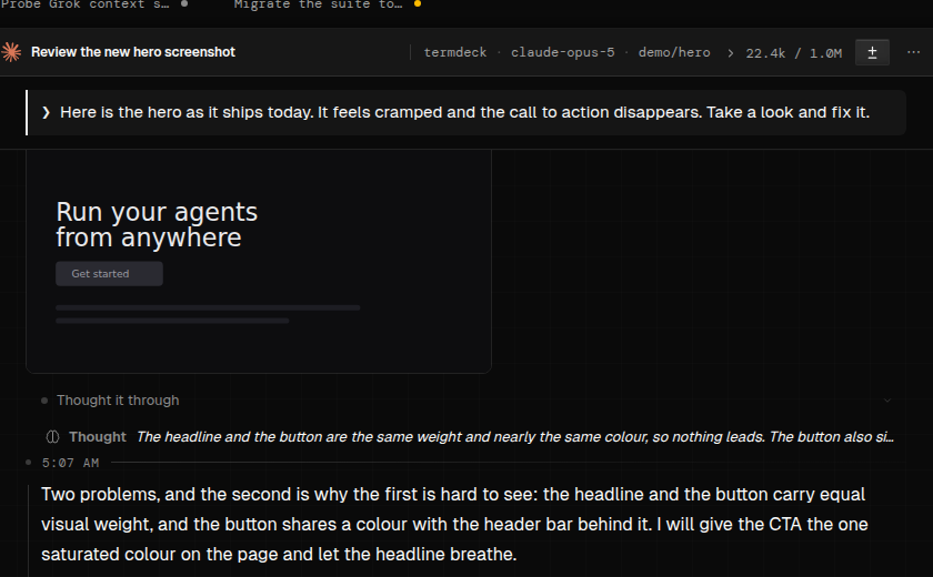 A user turn carrying an attached hero screenshot, with the agent's reasoning and reply beneath it.