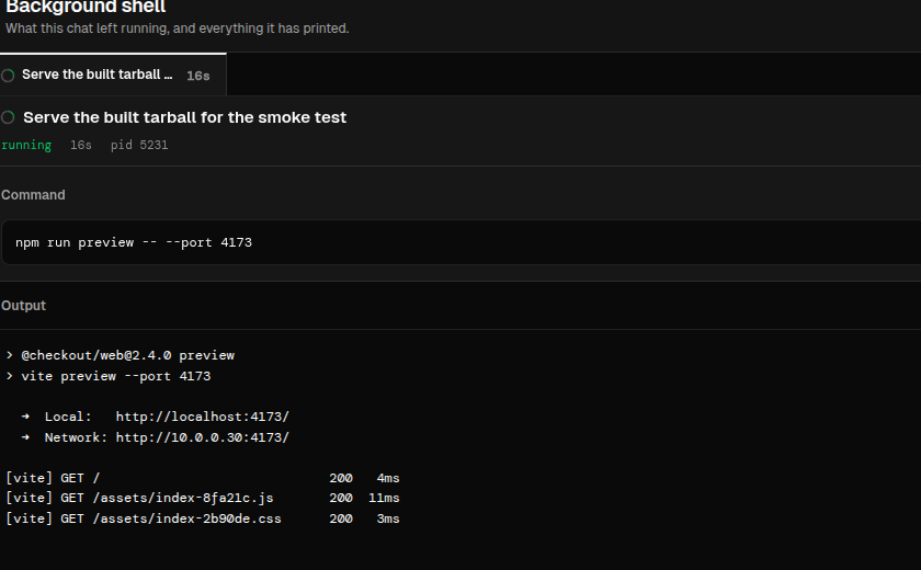 The Background shell dialog for a running npm run preview: status running with a pid, the command, and live vite output.