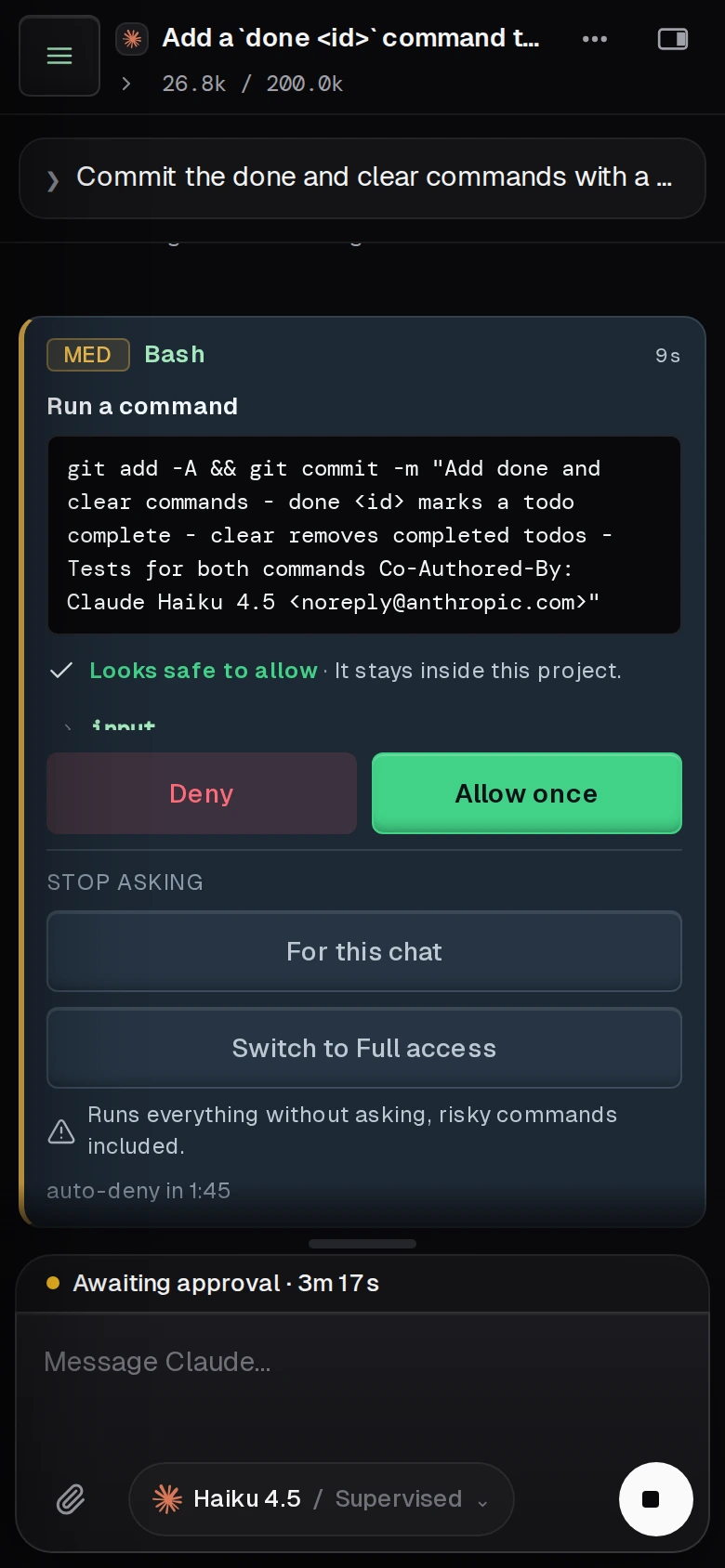 A Termdeck approval card on a phone: a medium risk Bash command, git add and git commit with the full message, a Looks safe to allow verdict, Deny and Allow once buttons, and options to stop asking