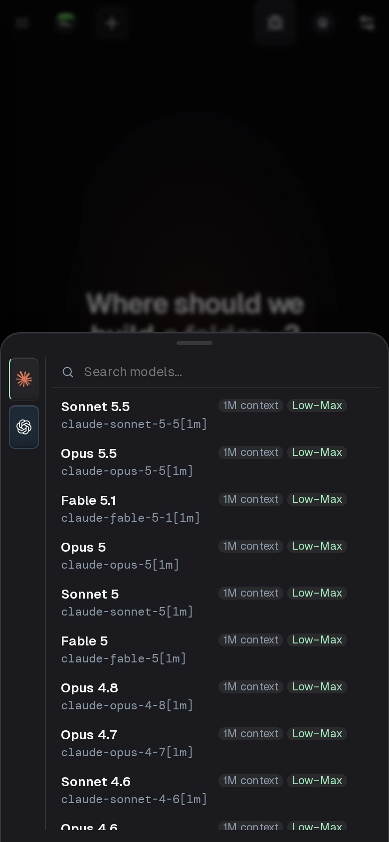 The Termdeck model picker on a phone, with an engine rail for Claude and OpenAI Codex beside the list of Claude models
