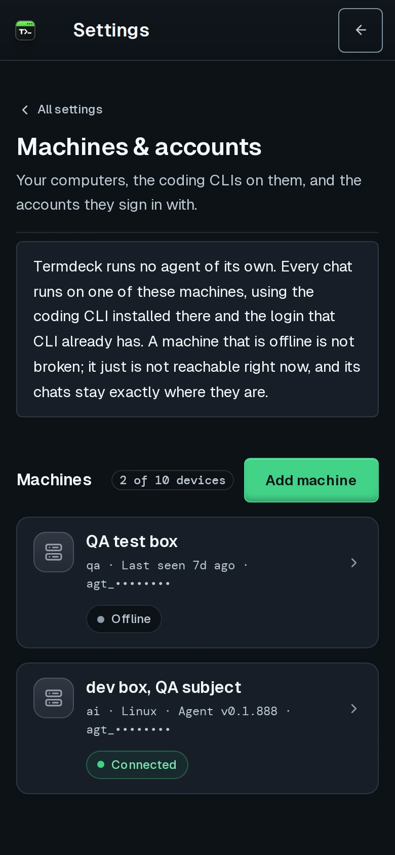Termdeck Settings, Machines and accounts, on a phone: two machine cards, one offline and one connected, with an Add machine button