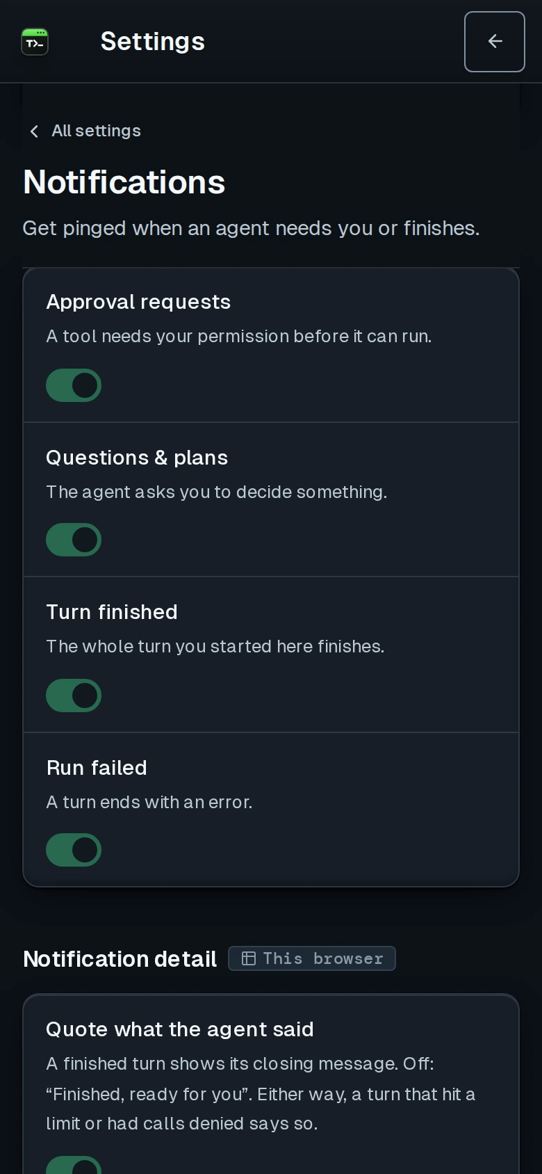 Termdeck Settings, Notifications, on a phone: four switches for approval requests, questions and plans, turn finished, and run failed