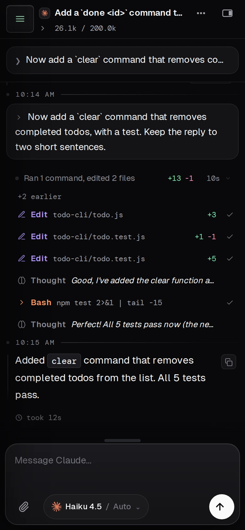 A Claude Code chat open on a phone in Termdeck: the prompt, a card reading Ran 1 command, edited 2 files, the Edit and Bash rows, and the reply saying all five tests pass